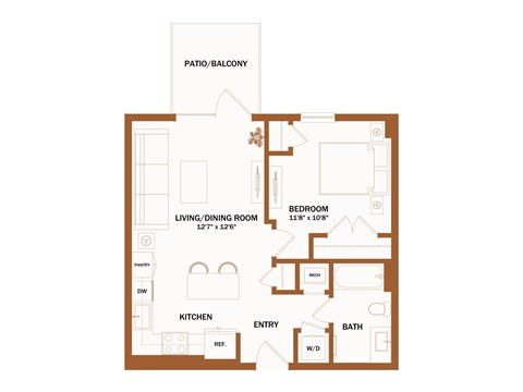 A floor plan of a house with a living room, dining room, kitchen, bedroom, bathroom, and a patio/balcony.